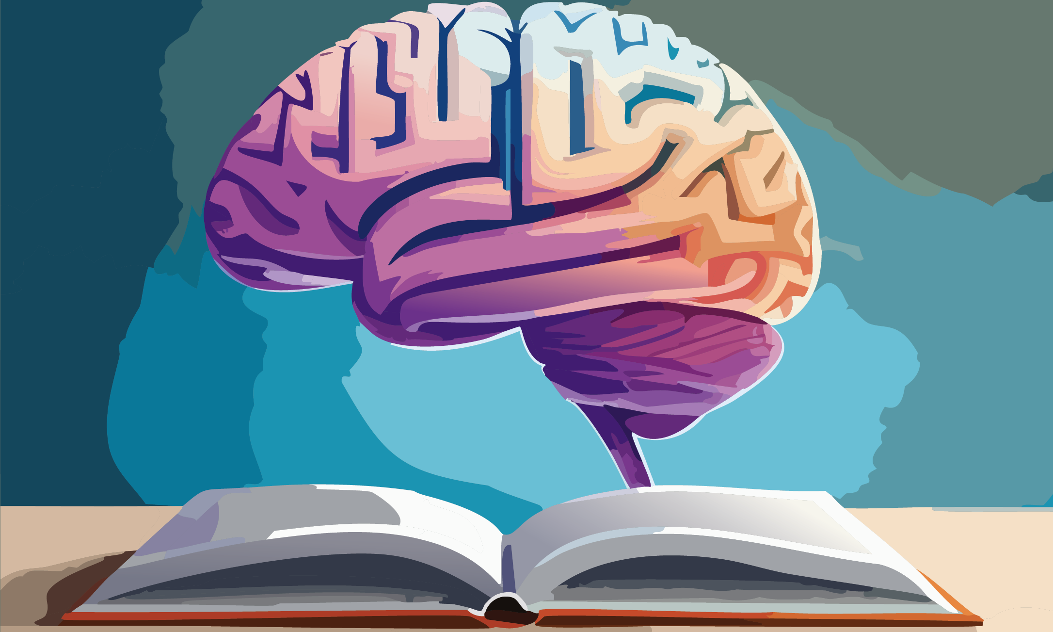 AI-generated image of a brain above an open book